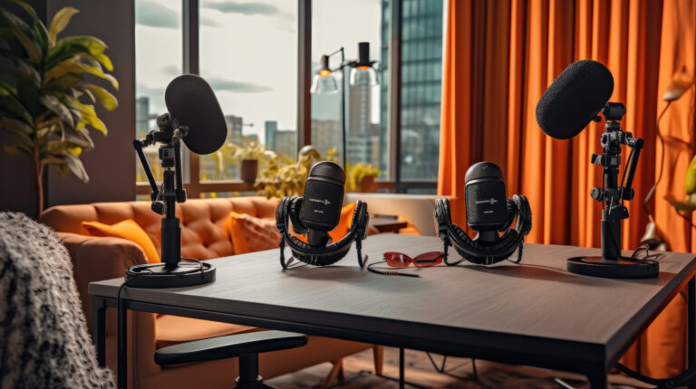 Studio interior for podcast and interview with two chairs