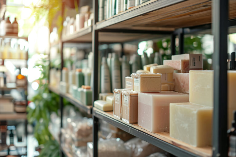 Shelves with items including soap and shampoo to sell. Generative AI