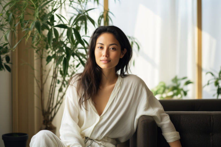 Woman sitting on couch wearing robe. Can be used to depict relaxation, comfort, or morning routine.